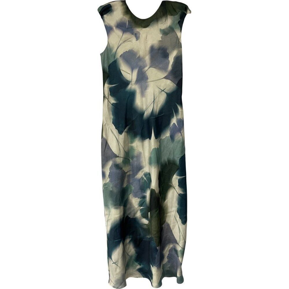 Zara Womens Midi Dress L Green Printed Satin Effect Short Sleeve 2362/119 NWT